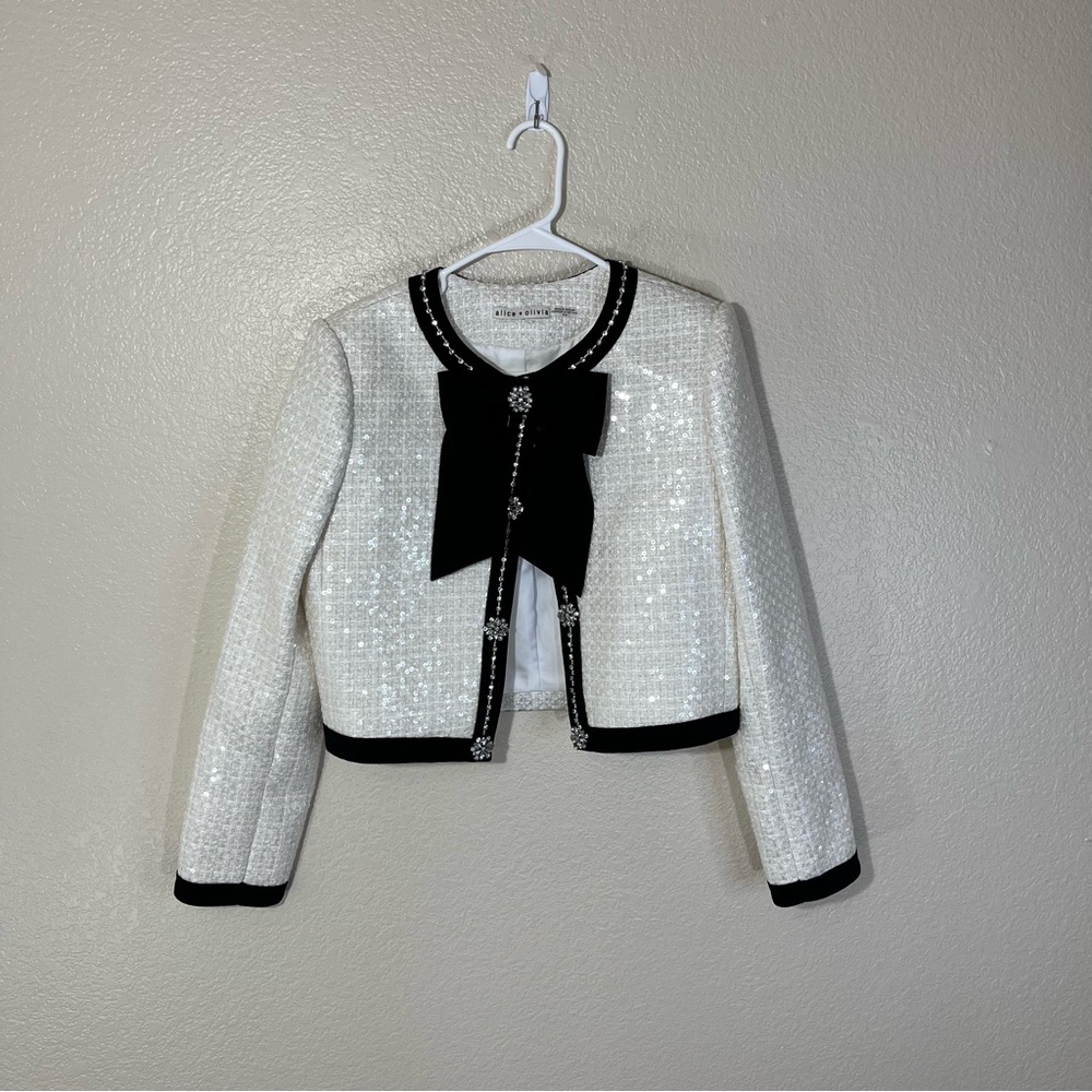 Alice + Olivia White Tweed Cropped Jacket with Black Trim & Bow